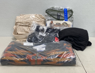 (1) Pack of PUMA size Large Sports Bras, (1) Start Wars Baby Yoda Size Large Pajama Set, (1) Large Pendleton part-way Zip up Red, Orange, and Black Hoodie, (1) Large Neutral Cheetah Print Pajama Bottom, (1) Large Black Knit Turtle Neck Sweater