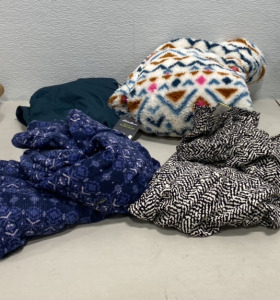 (1) Pair of Size Small Three Dots Brand Black and White Flare Style Pants, (1) Fleece Fluffy White and Colorful 1/4 Zip Pull Over Hoodie Eddie Bower, and more Small Sized Costco Clothing