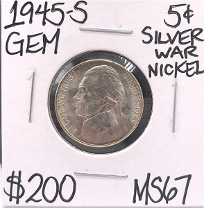 1945-S MS67 Silver War Nickel Gem