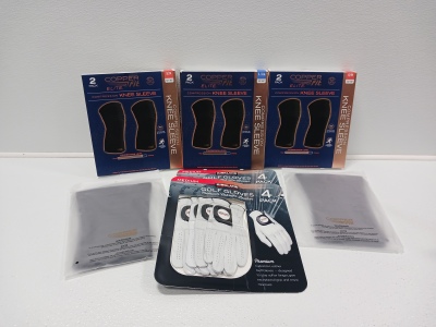 (5) Pairs Copper Fit Knee Sleeves (2) Packs Medium Golf Gloves