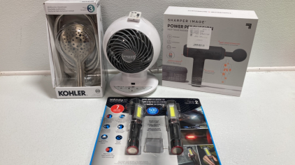 Kohler Shower Head, WooZoo Table Fan, Sharper Image Deep Tissue Massager, Auto Lights