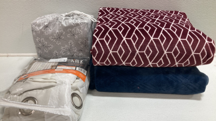 Queen Flannel Sheet Set, (2) Throw Blankets, Blackout Curtains