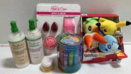 Makeup Eraser, Pokémon Stuffed Toys, Crayola Bath Activity Bucket, Coconut Oil Shampoo and Conditioner, Yuzu Sleep Mask