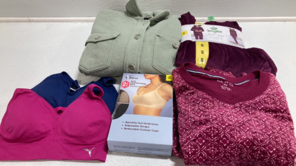 Women’s Clothes Size Small: Light Green Shirt Jacket, Purple Lounge Set, Magenta Sleep Set, 2-Pack Bras, 2-Set Sports Bras