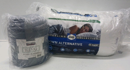 (2)King Size Sealy Pillows And King Size Plush Blanket