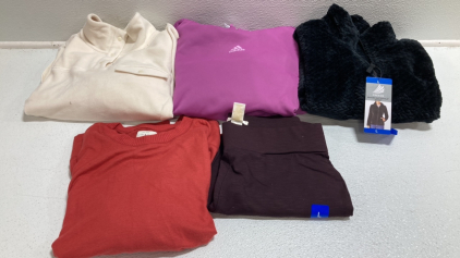 Women’s Clothes Size Large: Cream Pullover, Purple Hoodie, Black Soft Jacket, Red-Orange Light Sweater, Purple Leggings/Pants