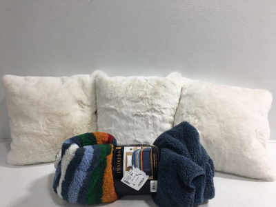 (3) White Plush Pillows, Pendleton Throw Blanket