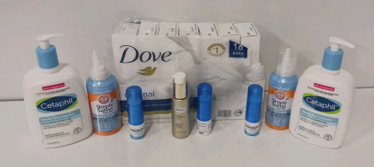 Dove Bar Soap, Cetaphil Liquid Cleanser, Retinol Correction Serum And Nasal Sprays