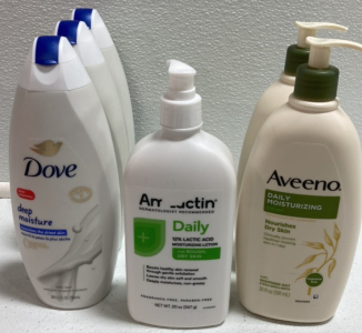 (3) Dove Deep Moisture Body Wash, Amlactin Daily Lotion, (2) Aveeno Daily Lotion