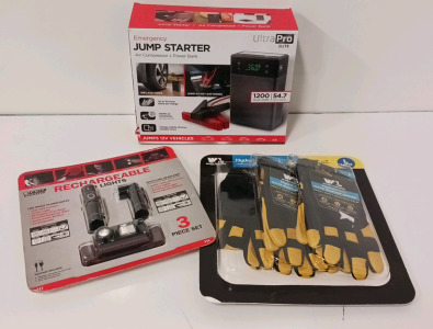 Ultra Pro Elite Emergency Jump Starter, Rechargeable LED Lights And Wells Lamont Leather Work Gloves