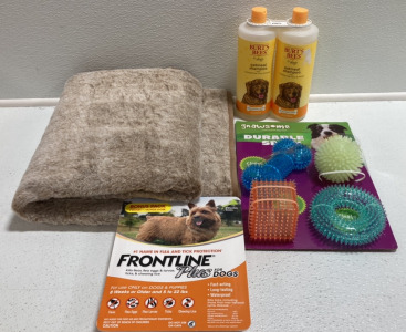 Pet Throw Blanket, Frontline Plus, Burt’s Bees Oatmeal Shampoo, Rubber Chew Toys