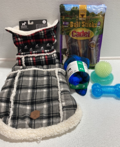 (3) XL Dog Coats, (2) Bags of Bull Sticks, Rubber Chew Toys