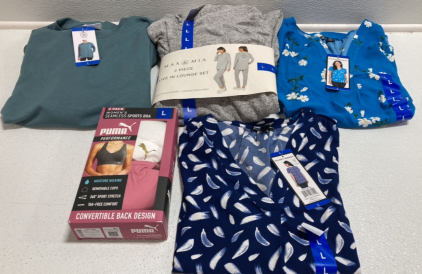 Women&rsquo;s Clothes Size Large: Blue-Green Oversized Long Sleeve, Gray Lounge Set, Floral Short Sleeve Blouse, Set of 2 Sport Bras, Navy Blue Short Sleeve Blouse