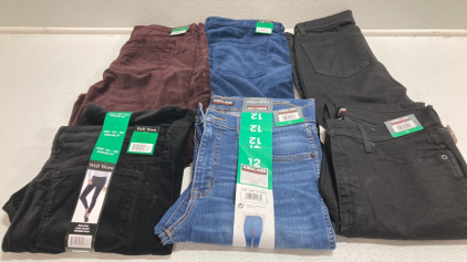 Women&rsquo;s Clothes Size 12: (1) Purple, (1) Blue, (1) Black Velvet Pants, (2) Black Jeans, (1) Blue Jeans