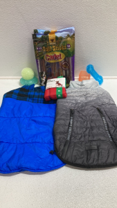 (2) Bags of Bull Sticks, (3) XL Dog Coats, Rubber Chew Toys