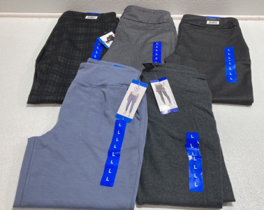 Women Clothes Size Large: (3) Various Black and Gray Patterned Dress Pants, Blue Gray Joggers, Dark Gray Leggings