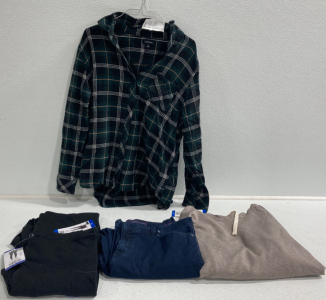 Flannel Shirt, (2) Pairs Of Leggings, Jeans, Tan Sweater