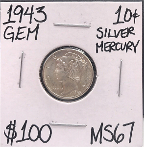 1943 MS67 Gem Silver Mercury Dime