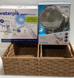 Waterpik Flosser, Moen Double Showerhead Set of 3 Decor Baskets