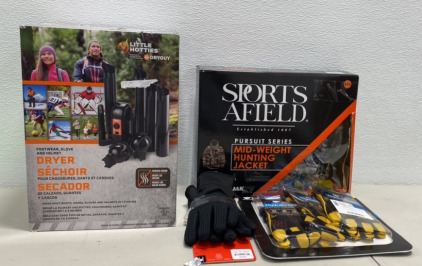 (1) Sports Afield XXL Pursuit Series Mid- Weight Hunting Jacket Mossy Oak, (1) Little Hotties Dry Guy Foot Wear, Glove, and Helmet Dryer, (1) 3 Pack of Wells Lamont HydraHyde Medium Yellow and Black Work Gloves, (1) Pair of Size M Spyder Gloves