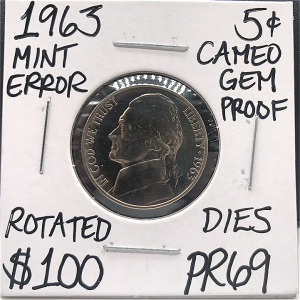 1963 PR69 Mint Error Cameo Proof Nickel
