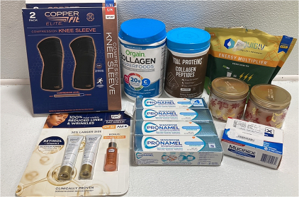 (2) Pack of 2 Compression Knee Sleeve, Collagen Superfoods, Collagen Peptides, Liquid IV Energy Multiplier, Pack of 4 Sensodyne Pronamel Toothpaste, ROC Deep Wrinkle Cream, Mucinex, (2) Candles