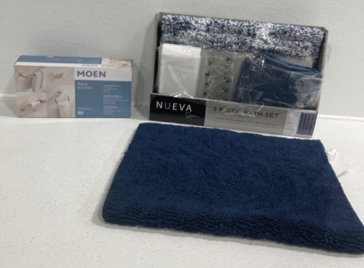 5 Piece Bath Set, 4 Piece Bath Accessory Kit, Blue Bath Rug