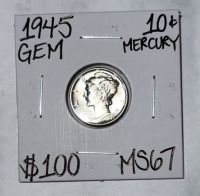 1945 MS67 Gem Silver Mercury Dime