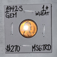 1942-S MS67RD Gem Wheat Copper Penny