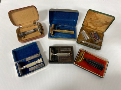 (6) Antique Safety Razors with Original Cases