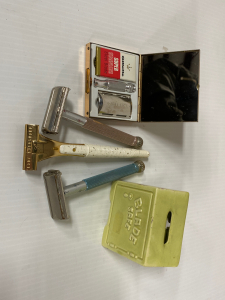 Assorted Antique Safety Razors and Blade Safe