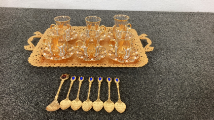 Elegant Gold Tone Cups with Tray & Spoons