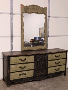 Vintage Black and Green Painted Dresser with Mirror