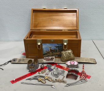 (1) Wooden Accessory Box W/ Butane Lighter And Brass/Sequin Case, Some Assorted Polished Rocks, Various Costume/Craft Jewelry