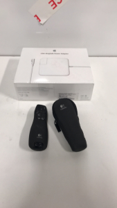 (1) New Apple 60W MagSafe Power Adapter (1) Logitech Presentation Remote With laser Pointer and Carry Case