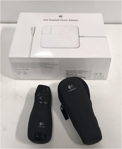 (1) New Apple 60W MagSafe Power Adapter (1) Logitech Presentation Remote With laser Pointer and Carry Case