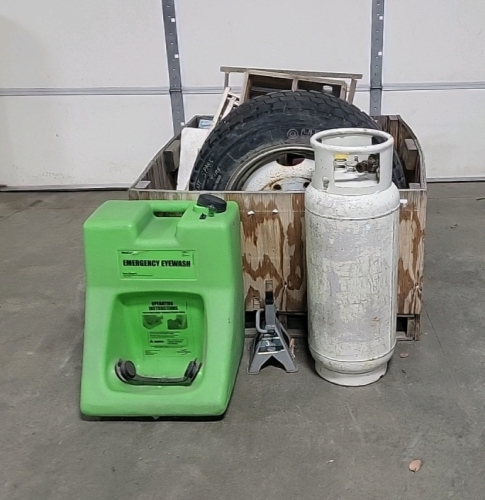 Pallet Crate with Propane Tank, Emergency Eyewash Station, Jack Stands and More