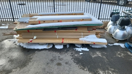 Pallet of Assorted Trim, Plywood, 2x4, 2x6 and More