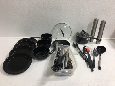 Plates, Bowls, Pots, Pans, Pepper Grinders and Other Kitchen Utensils