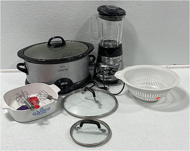(1) Rival Crock Pot (1) Cuisinart Smart Power Blender/Food Processor (1) Collinder (2) Pot Lids (1) Baking Dish (1) Basting Brush (2) Whisks (1) Food Scraper