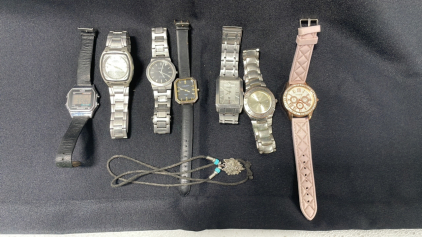 (1) Akribos XXIV Diamond Dial Watch (2) Fossil Watches (1) Chrome Watch and More Watches