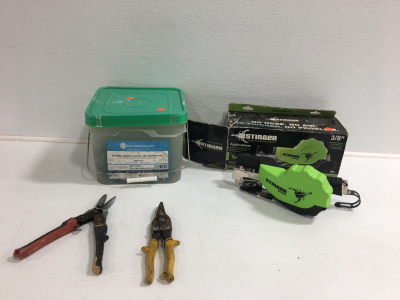 Box Of Shank Plastic Cap Roofing Nails, (2) Pairs Of Tin Shears, Autofeed Cap Hammer