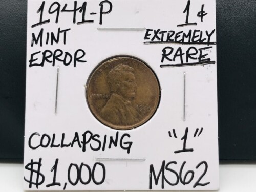 1941 MS62 Mint Error Collapsing "1" Penny