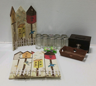 (5) Canning Jars With Extra Lids (3) Decorative Bird Fence Paintings And More