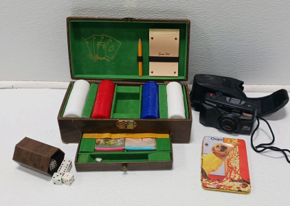 Poker / Game Set, Pentax Camera And Small Note Pad