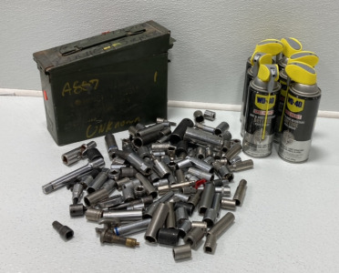 (1) 6-count Box Of 10oz WD-40 (1) Ammo Box Withe Variously Sized Sockets and Ratchet Attachments