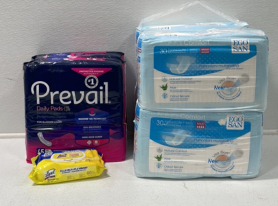 (1)80-Count Lysol Disinfecting Wipes (2)45-Count Prevail Long Pads (4) 30-count EgoSan Pads