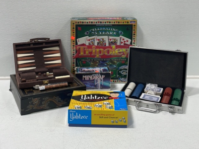 (1) Tripoley The Game Of Michigan Rummy, Hearts & Poker (1) Chess Board W/ Pieces (1) Backgammon Board W/ Pieces (1) Poker Chip Set (1) Yahtzee (1) Mind Trap