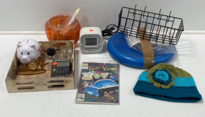 (1) ‘The Ren & Stimpy Show’ Comic Book (1) Sony Dream Machine Alarm Clock (1) Prosource Fit Core Balancing Disk (1) Wire Basket (1) Wood Tray (1) Orange Candy Bowl and More Personal Items