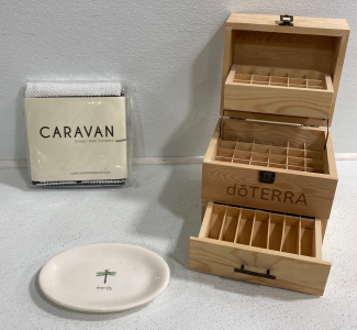 Caravan Wooven Rug,Dragonfly Plate, Doterra Wood Essential Oil Storage Box